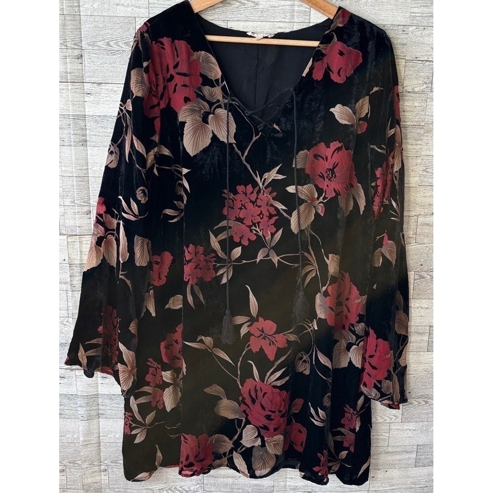 Anthropologie Mystree Dress Floral Velvet Burnout Flare Sleeve Whimsy Goth Large